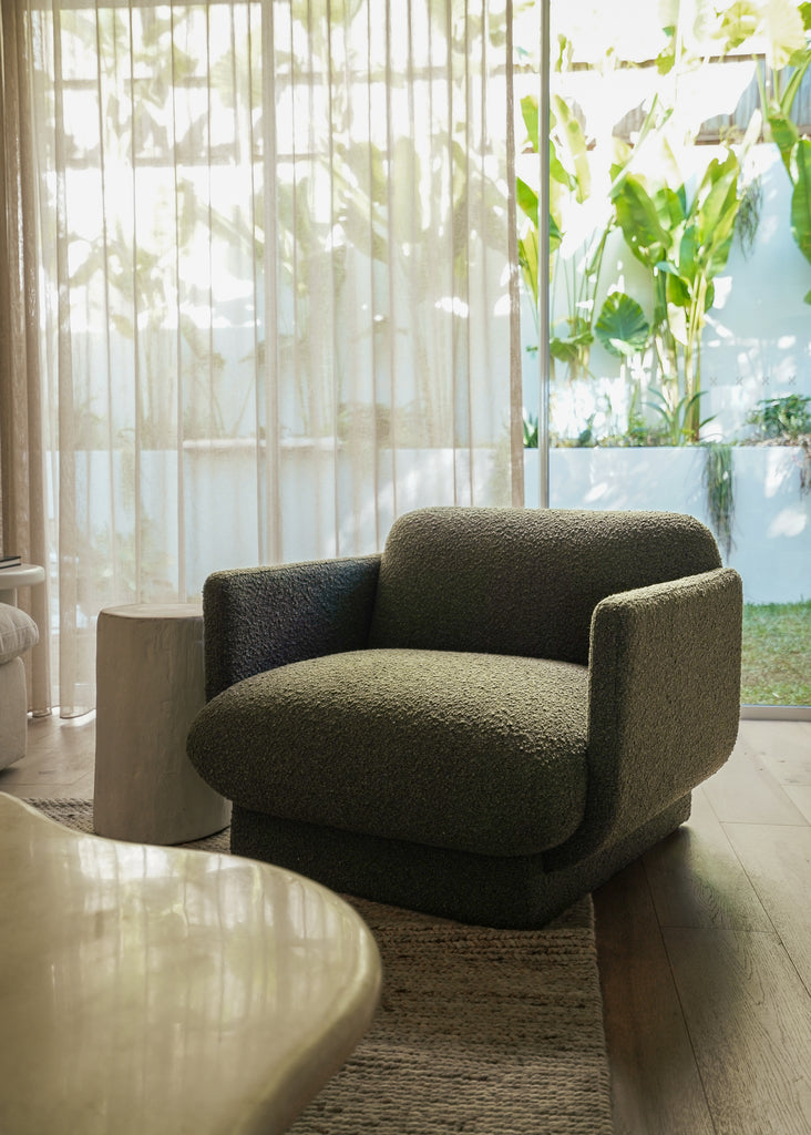 Bonnie Green Chair in Darren Palmer’s Winter Living Room with Backyard in the Background - Cozy Seasonal Styling