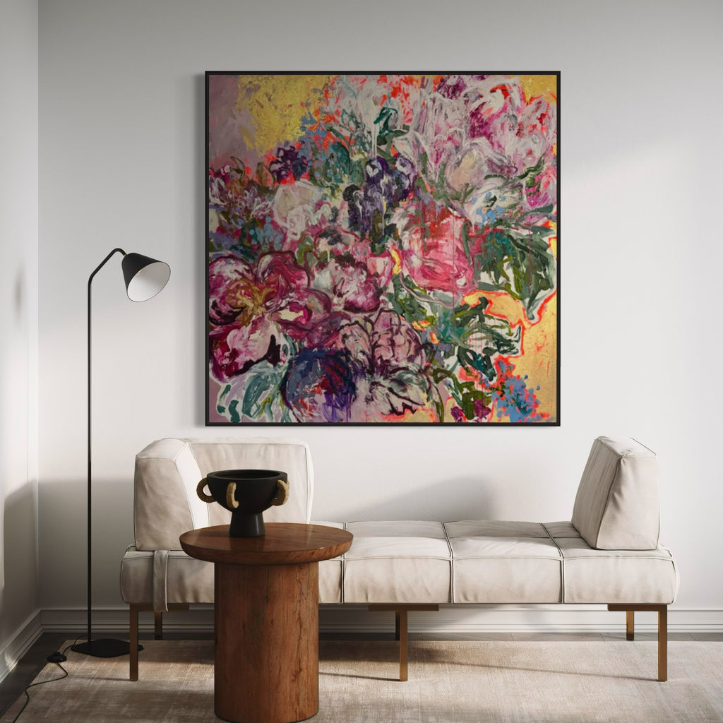 Original artwork 'Champagne Series 006' by Victoria Wilson, featuring acrylic, gold foil, and oil pastel on canvas. The piece, framed and measuring 137W x 137H cm, captures vibrant coluor and texture in an abstract composition.