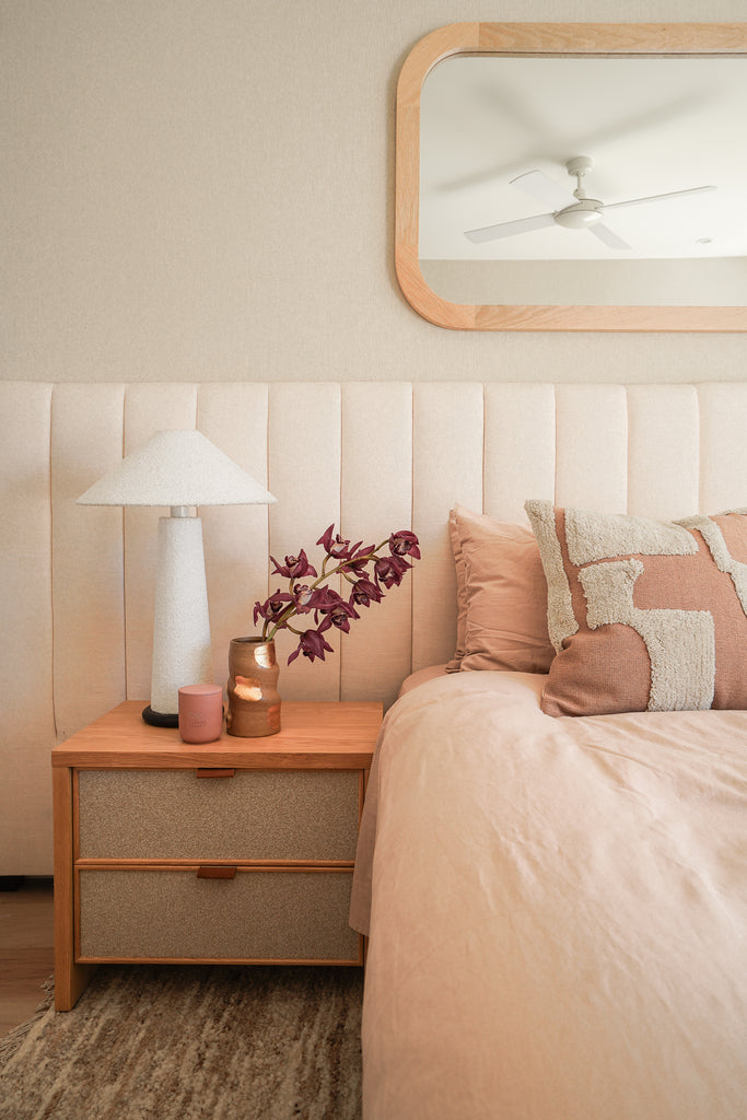Darren Palmer’s Trendy Main Bedroom Styled with Pink Decor - Featuring Agnes Lamp and Sylvie Vase