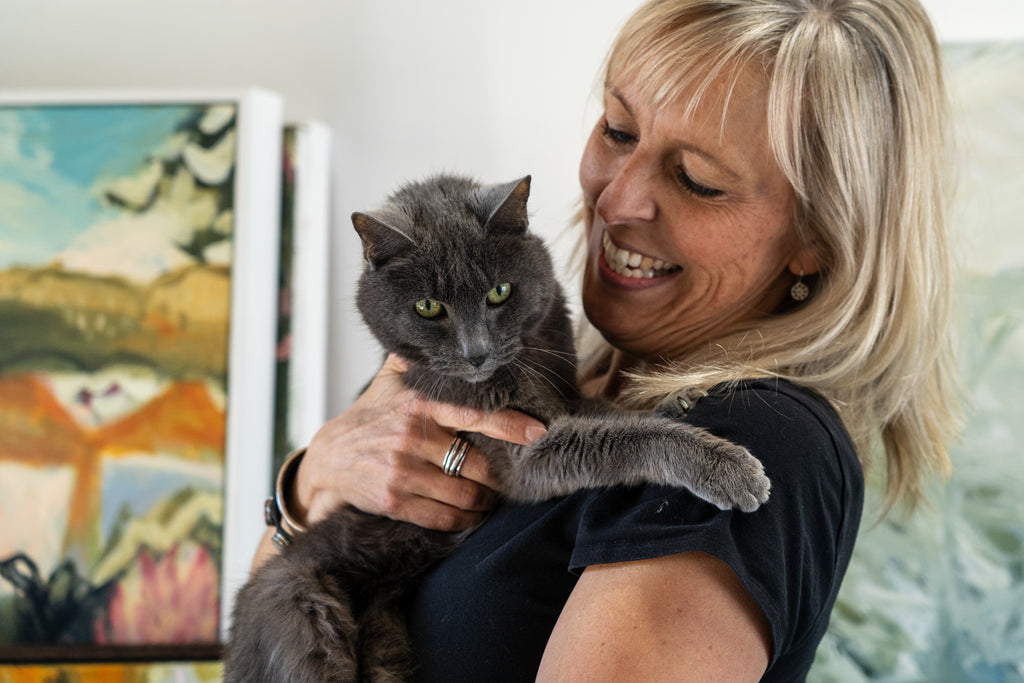 Giite Backhausen in her Artist Studio with Sheeba the Cat
