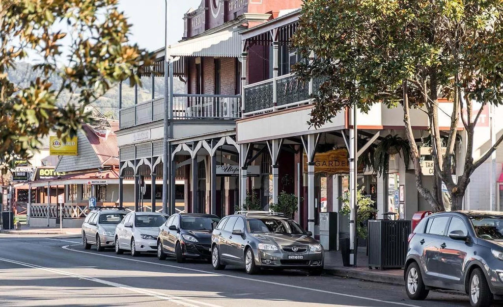 Street scene with parked cars and historic buildings in a small town.