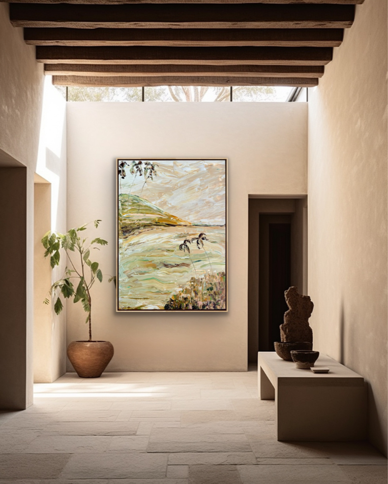 Modern interior with a painting on the wall, plant, and decorative items.