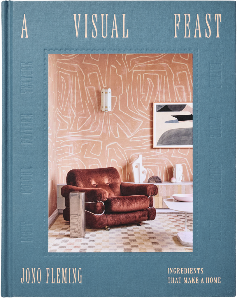 Book cover of 'A Visual Feast' by Jono Fleming with a brown armchair and abstract wall art on a blue background.