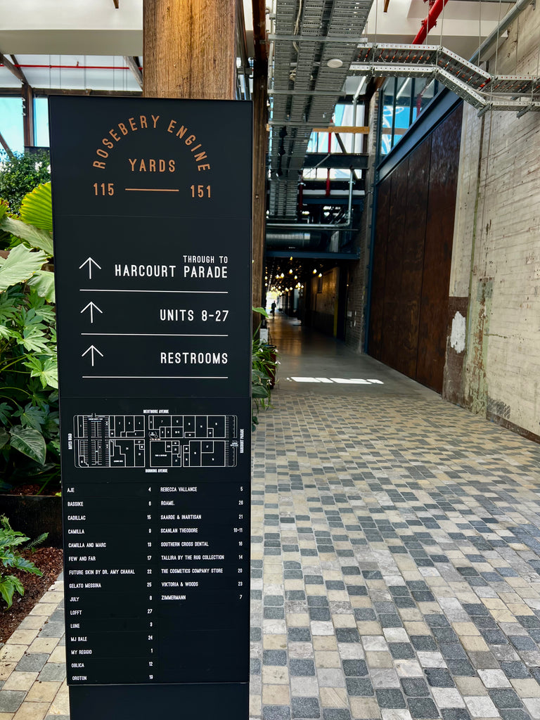 Directional signpost in an urban setting with a checkered pavement and building interior.
